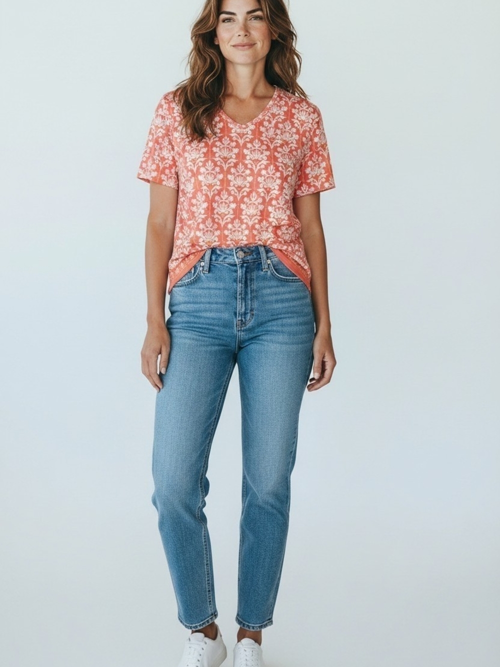 Talbots Coral and White Floral Short-Sleeve V-Neck Top